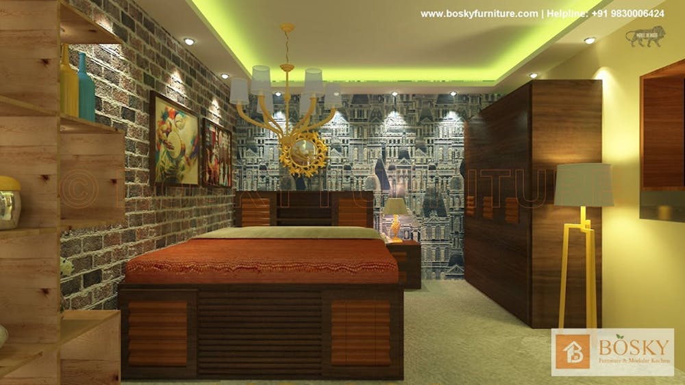 Rustic Dark Wooden Striped Bed Design | Bosky Interior Design