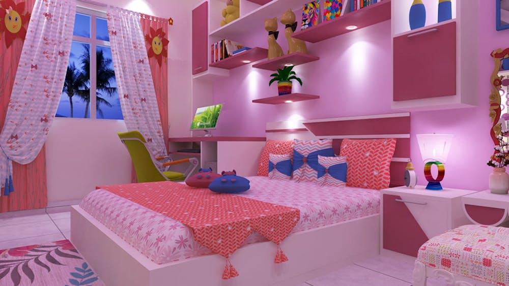 Spacious Pink Platform Bed Design | Bosky Interior Design