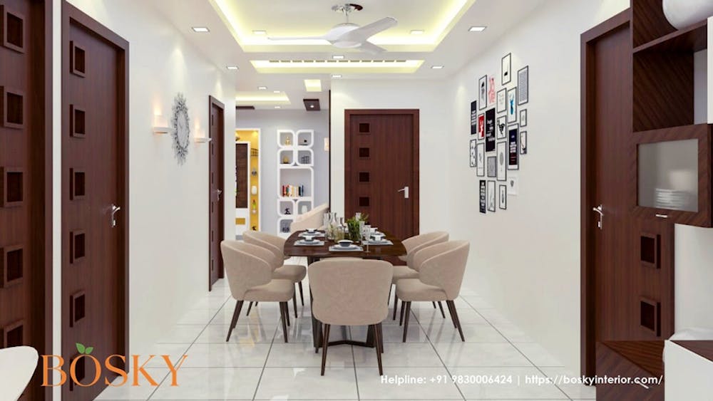 White Marble Floor and Walls with Dark Wooden Doors | Bosky Interior Designs