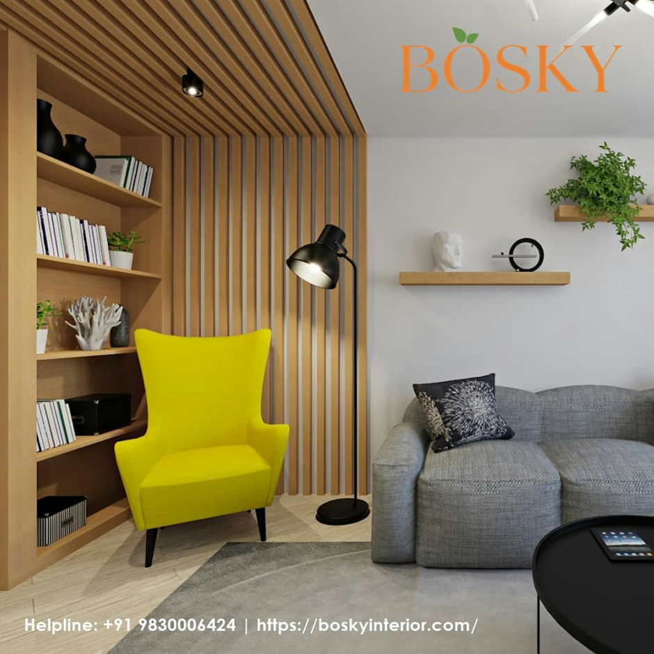 Cosy Wooden Panels with White Wall Finishings Interior in Living Room | Bosky Interior Designs