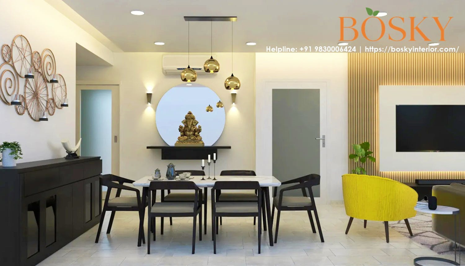 Ivory walls with Marble Back panel for TV in Living Room | Bosky Interior Designs