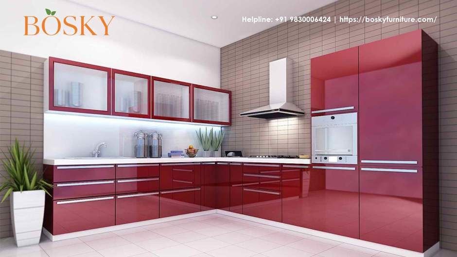 Brown Brick Design with Classic Red Cabinets in Kitchen | Bosky Interior Designs