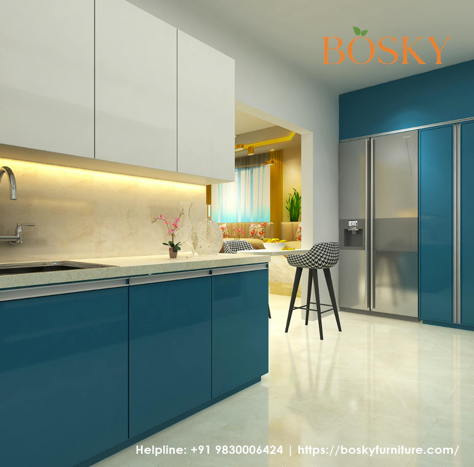 Seamless Dual-Coloured Blue and White Interior of Kitchen | Bosky Interior Designs
