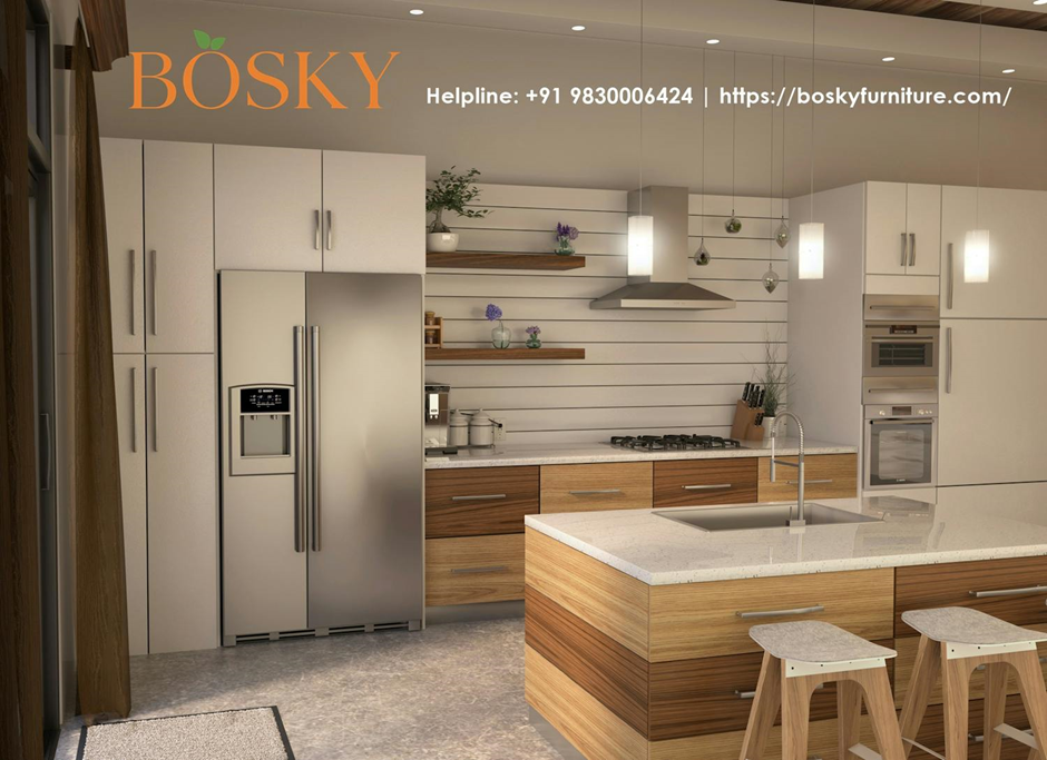 Sophisticated White and Wooden Striped Kitchen Design | Bosky Interior Designs