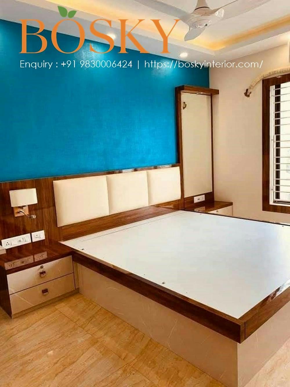 Oceanic Blue Wallpaper with Wooden Finishings Bedroom | Bosky Interior Designs