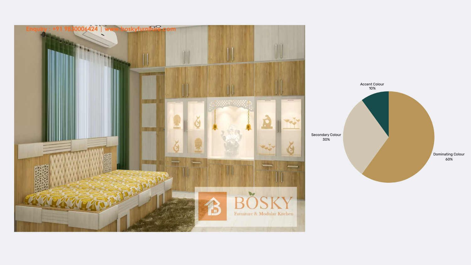 Dominant Ivory-Wooden Hues And Green Accents Colour Combination | Bosky Interior