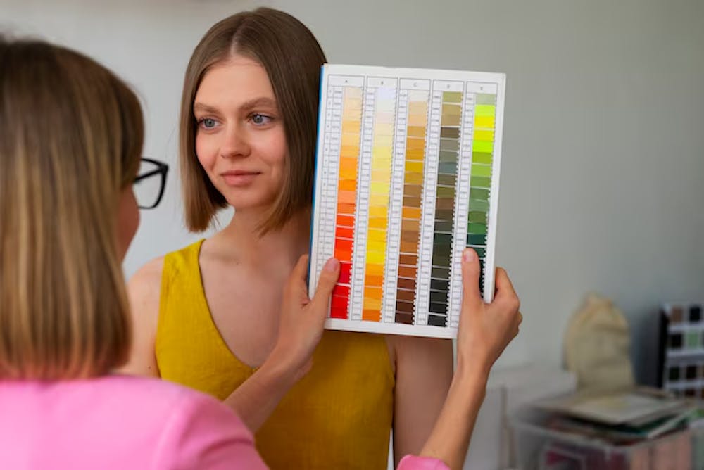 side view of woman with colour palette
