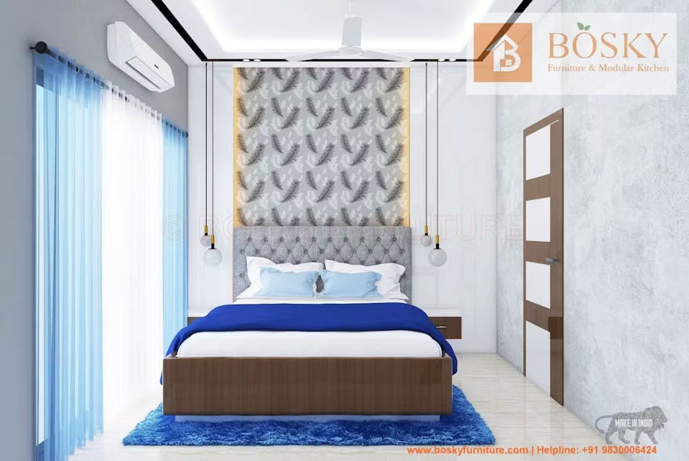 Grey and blue interior colours of bedroom | Bosky Interior
