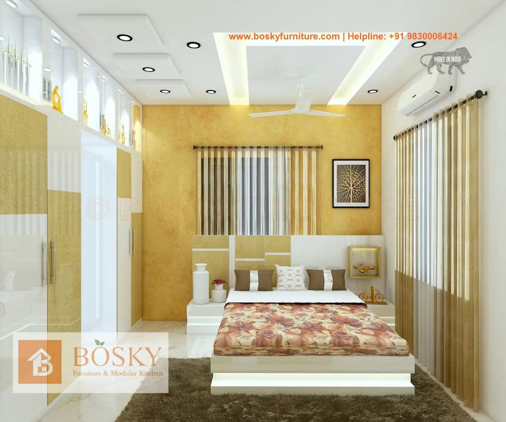 Uniworld city master bedroom with yellow interior colours | Bosky Interior