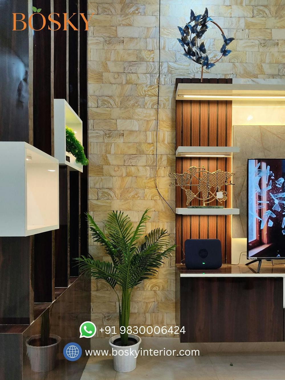 Yellow and brown living room colour combination | Bosky Interior