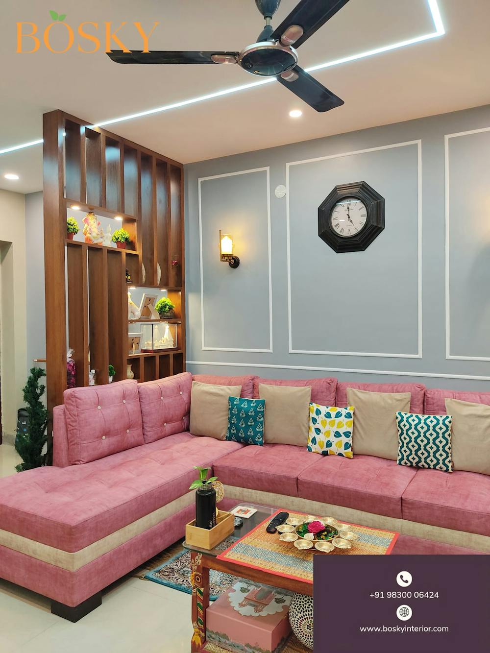 Pastel blue living room colour combination | Bosky Interior