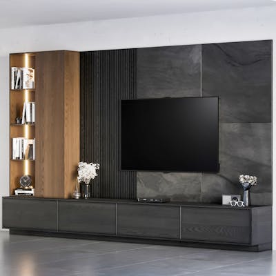 Modern TV Wall Unit with Dark Elegance & Wood Accents