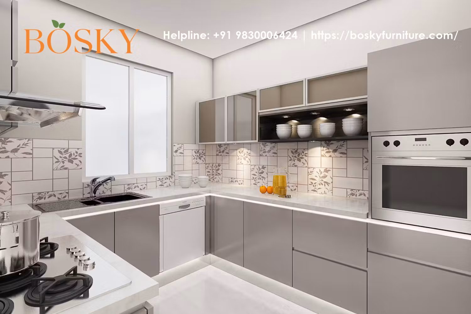 Monochromatic modular kitchen in U shape