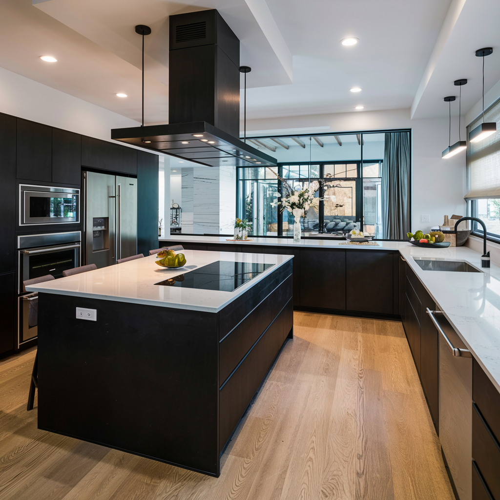 U kitchen with island countertop pic