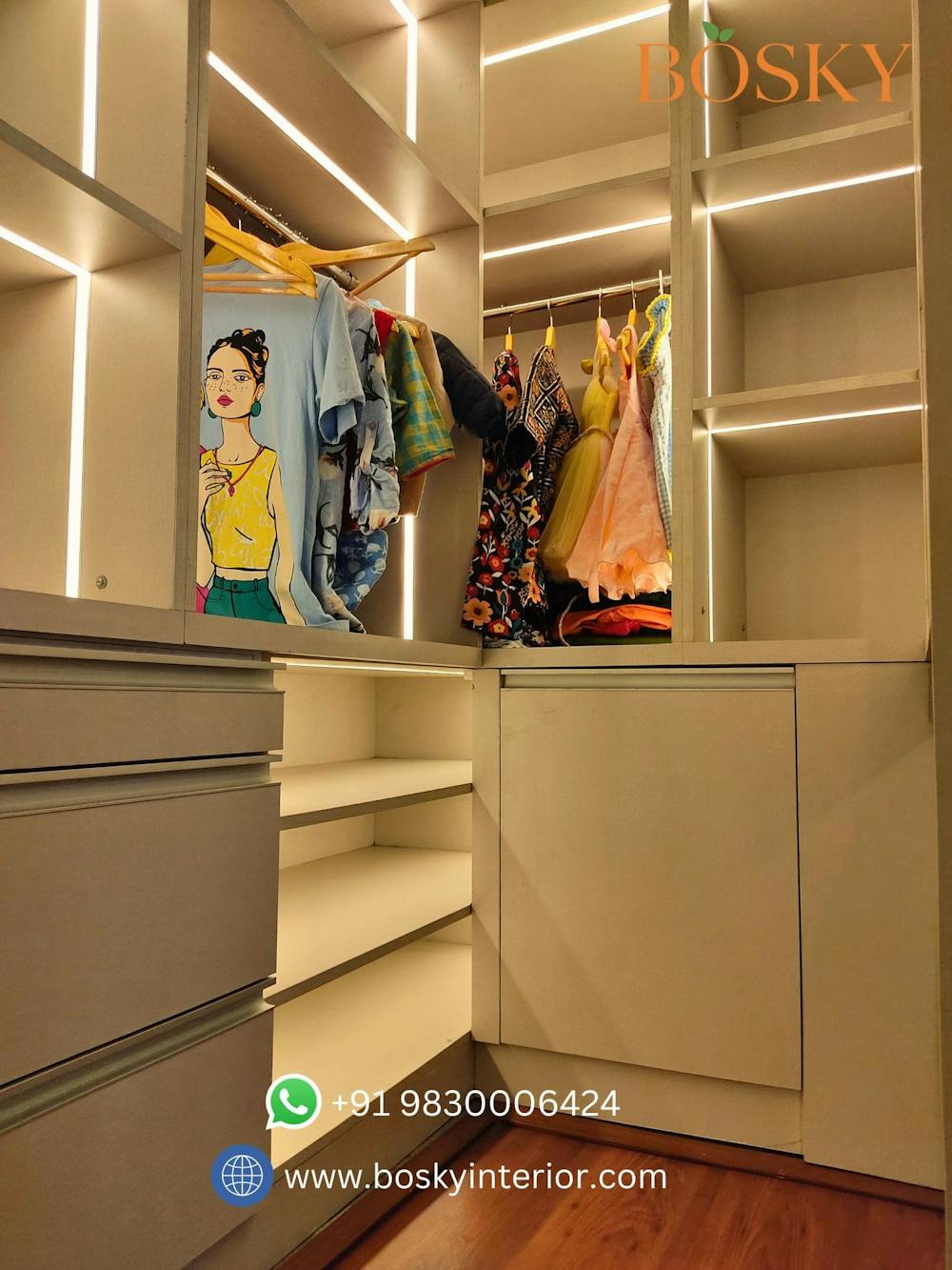 Walk in wardrobe with light