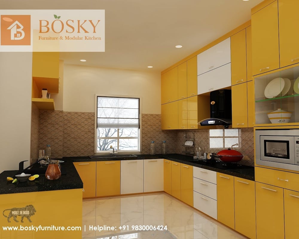 White and yellow parallel kitchen in U shape