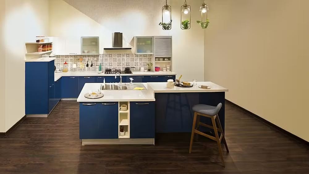 Elegant parallel kitchen with island and chair