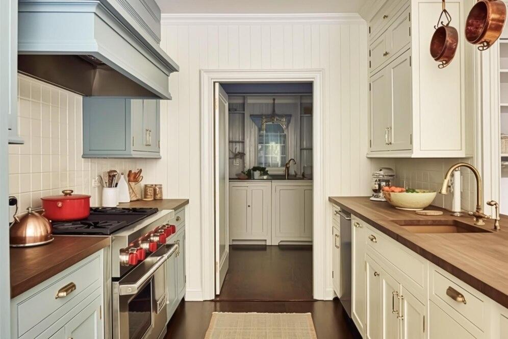 Aesthetical kitchen cabinet design in white and blue