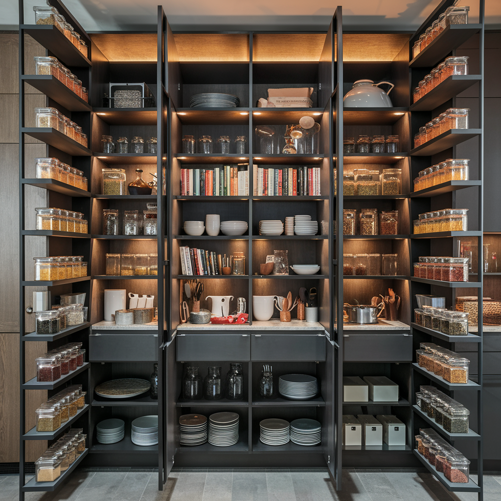 Open glass shelving kitchen pantry