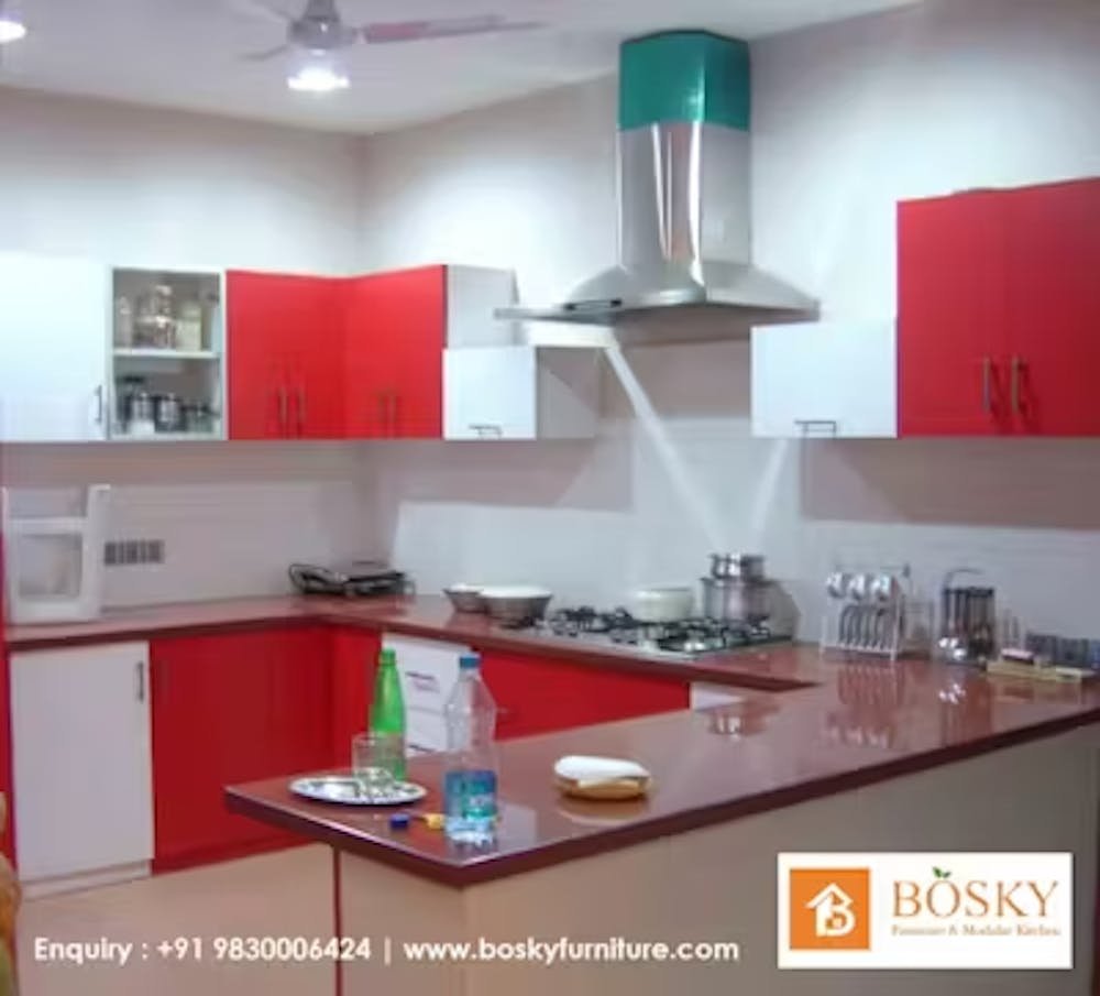 Red and White modular kitchen