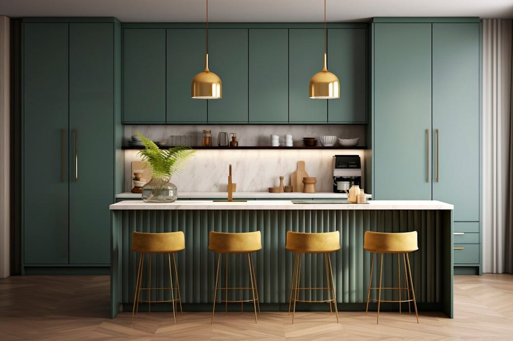 Teal and Light Wood modular kitchen