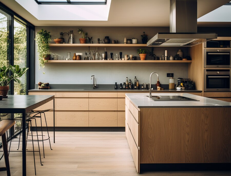 Rustic Island Modular Kitchen with Wooden Accents