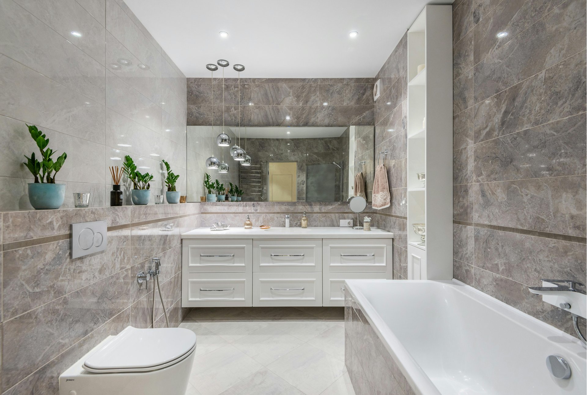 Small Modern Gray and White Bathroom with Smart Storage Solutions | Bosky Interior