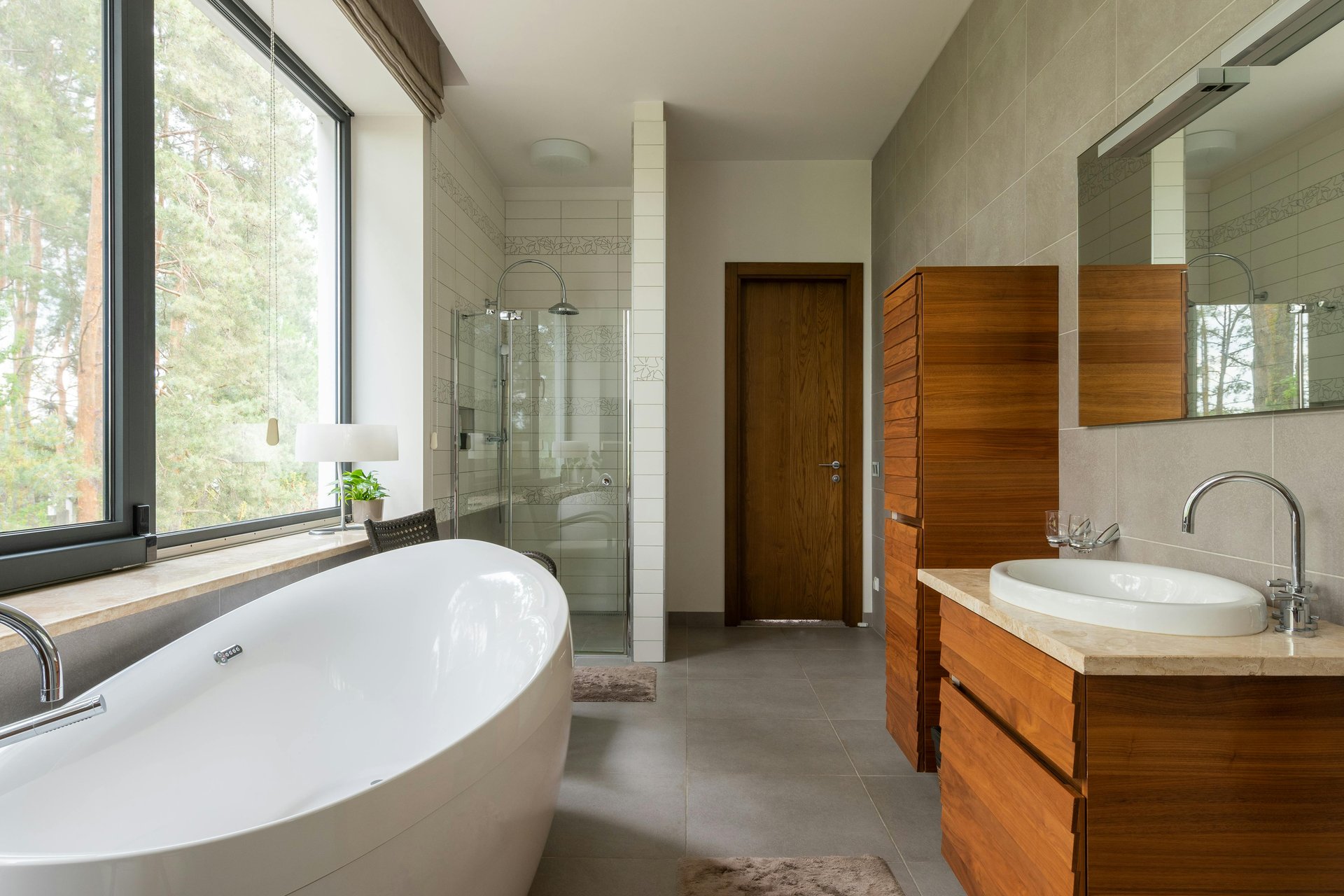 Innovative Bathroom Design with Bath Tub and Wooden Cabinets