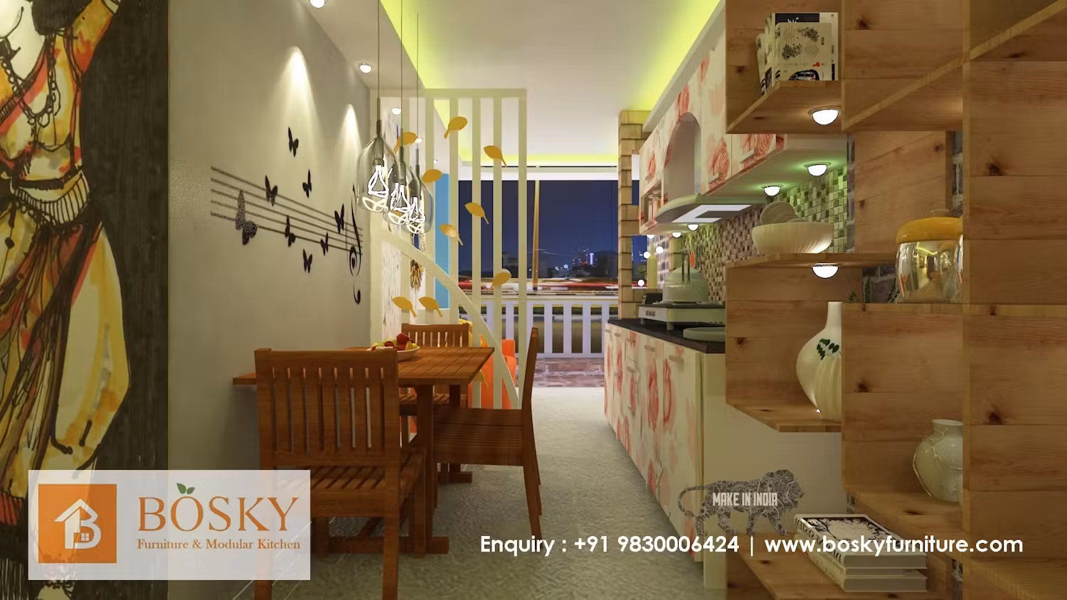 Sophisticated Kitchen and Dining Area Combination for Small Flat in Kolkata | Bosky Interior