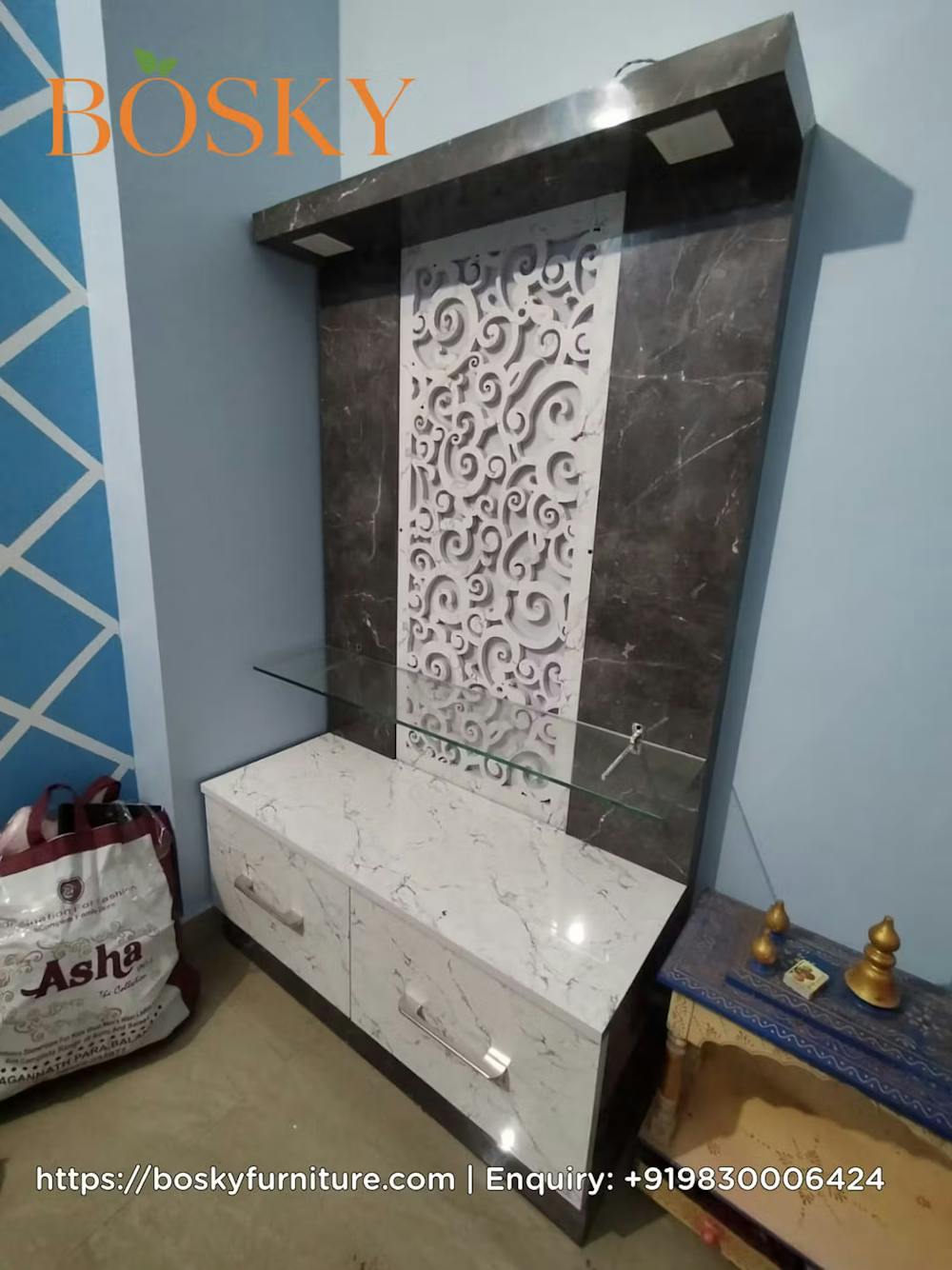 Marble Puja Unit With Artistic Design