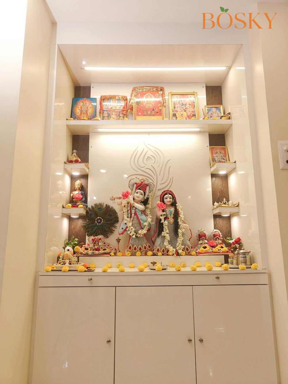 Krishna's Feather Inscribed Pooja Room Design for Home