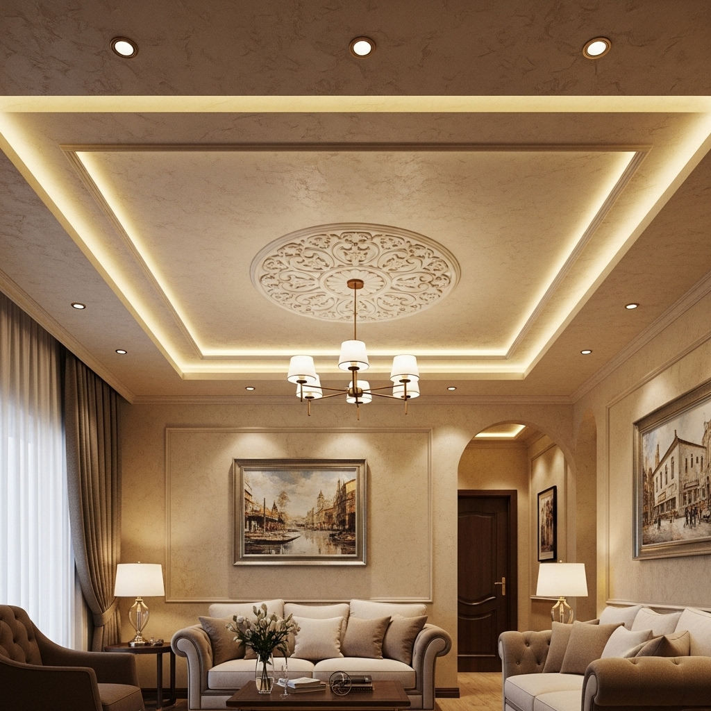 layered designs False Ceiling with a central panel with a chandelier for living room 