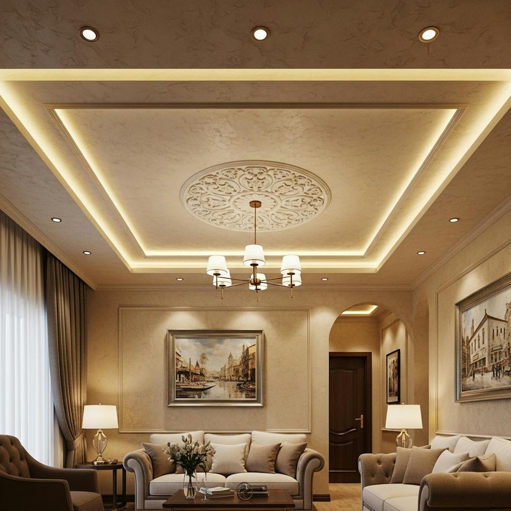 layered designs False Ceiling with a central panel with a chandelier for living room