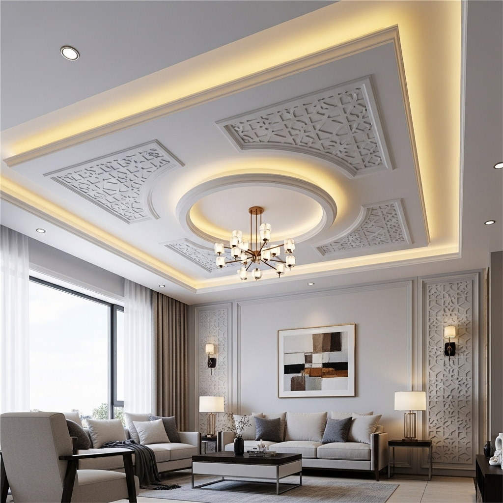 layered designs False Ceiling with a central panel with a chandelier for living room 