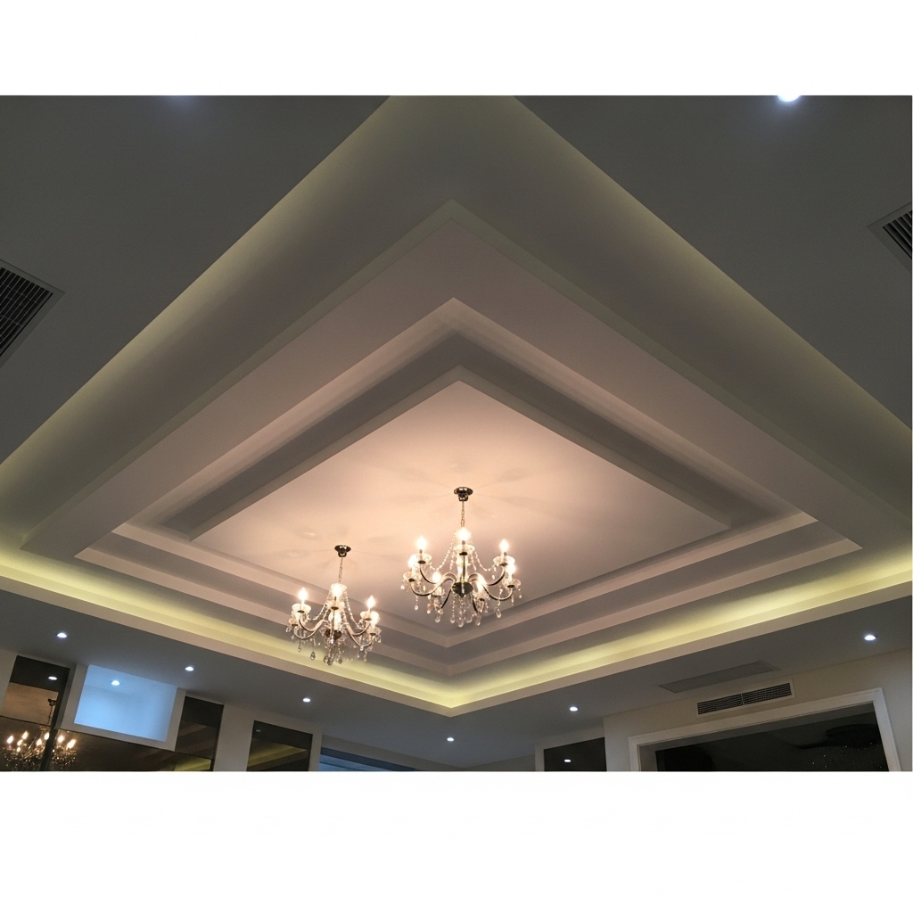 layered designs False Ceiling with a central panel with a chandelier for living room 