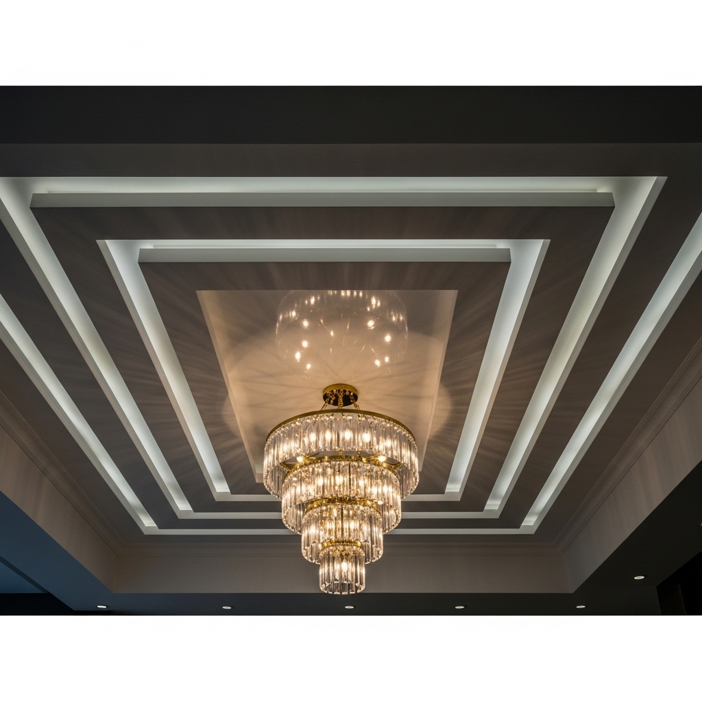 layered designs False Ceiling with a central panel with a chandelier for living room 