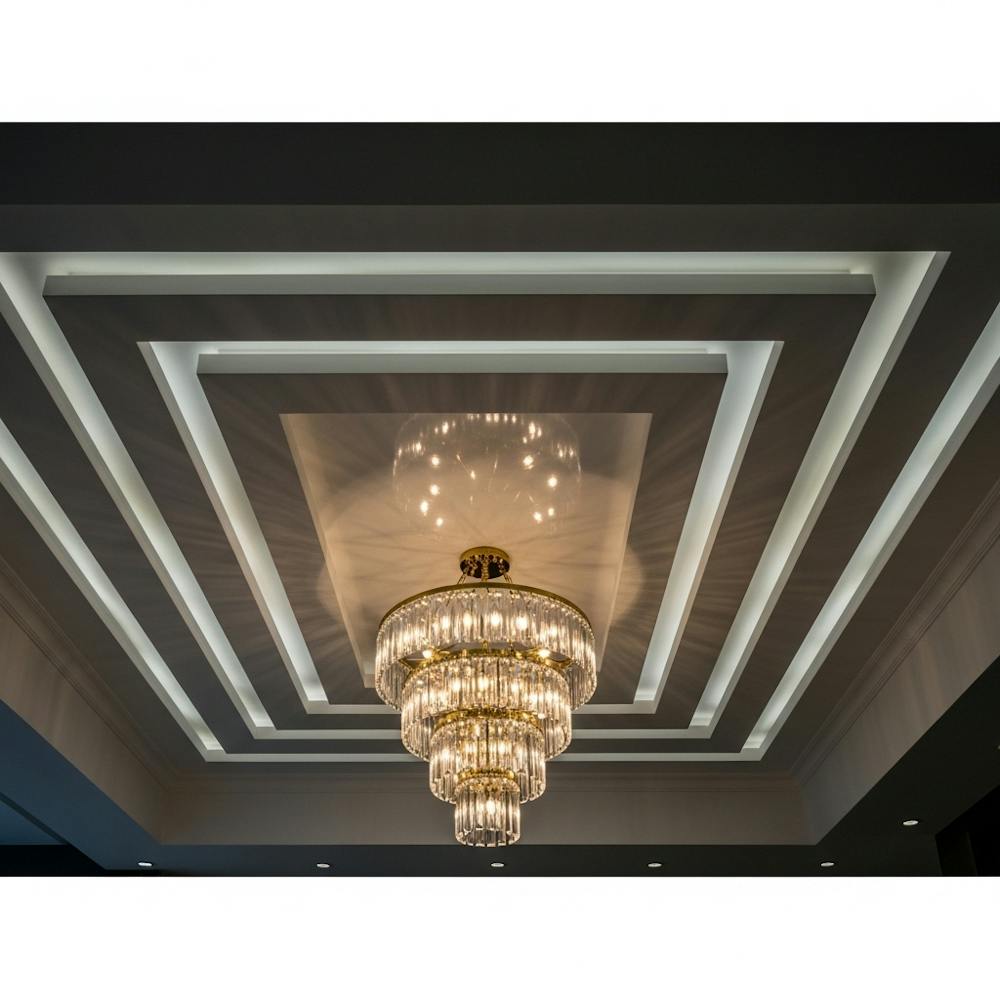layered designs False Ceiling with a central panel with a chandelier for living room