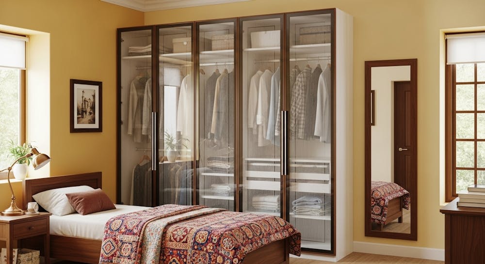 Modern glass wardrobe with walnut finish and bronze-tinted panels