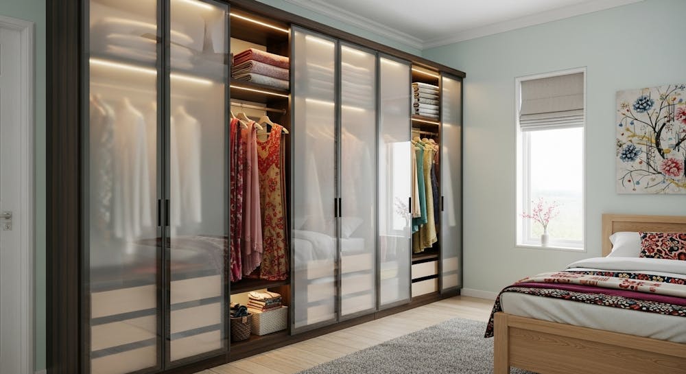 Frosted glass wardrobe doors with minimalist white interiors and clean design lines.