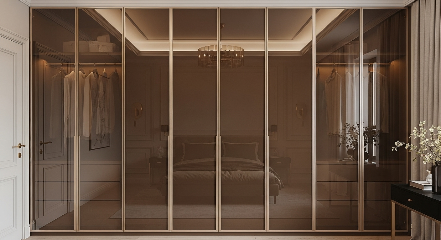 bronze glass with brushed gold frames