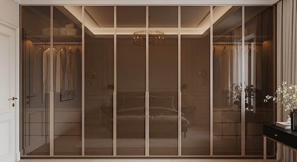 bronze glass with brushed gold frames