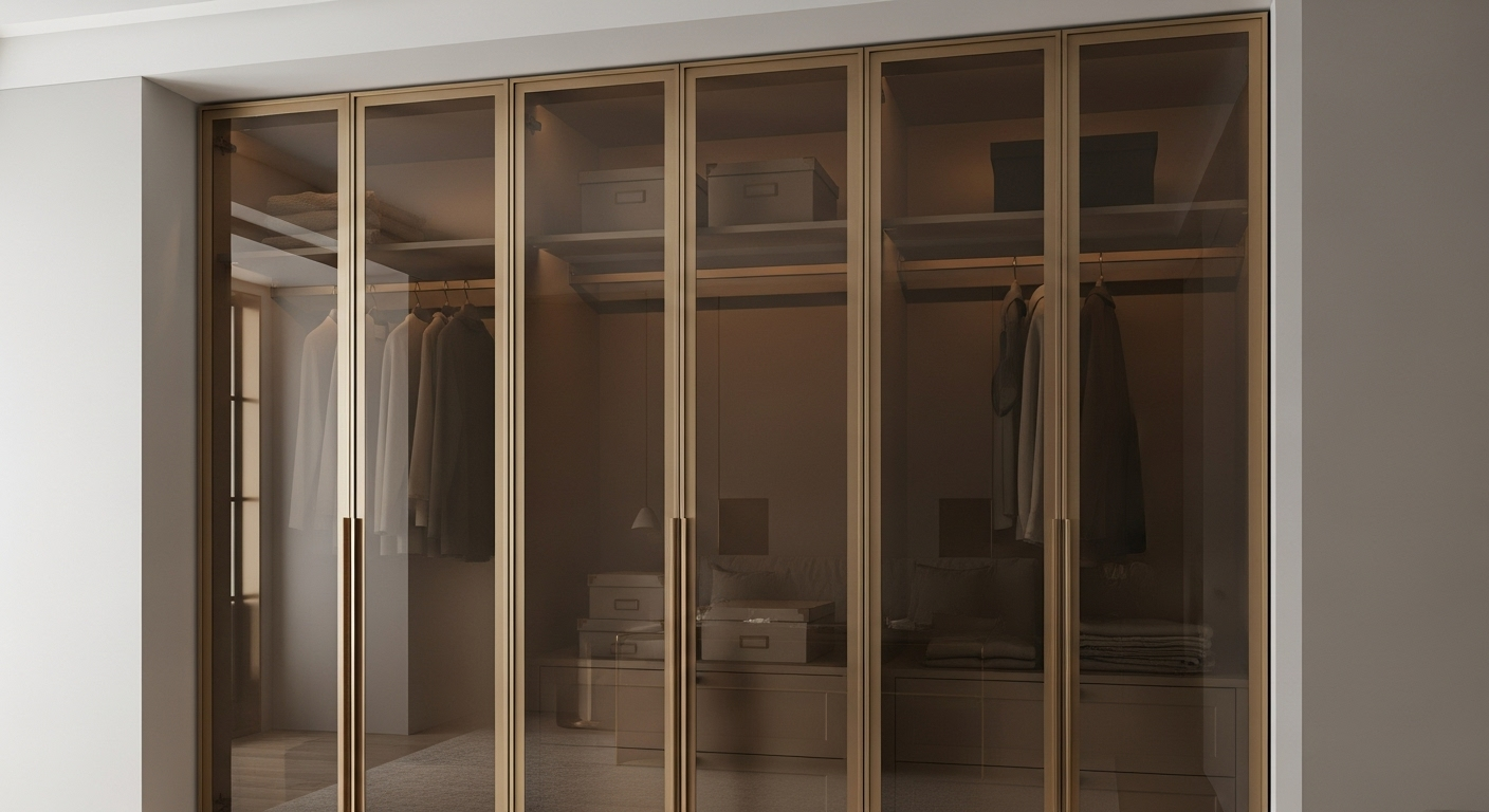 bronze glass with brushed gold frames,