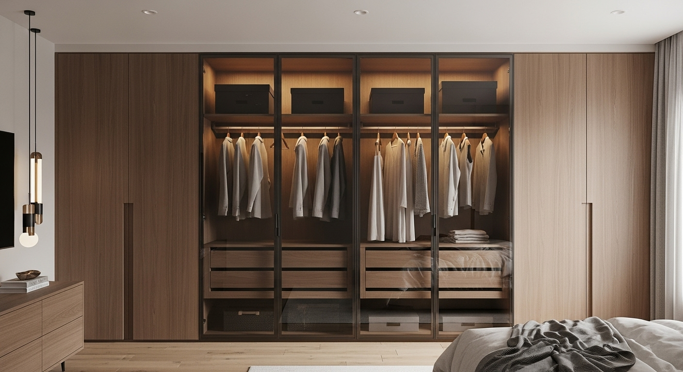 The Luxe Walnut Glass Wardrobe
