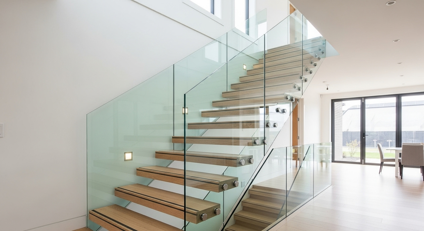 Full Height Glass Guard + Wood Treads