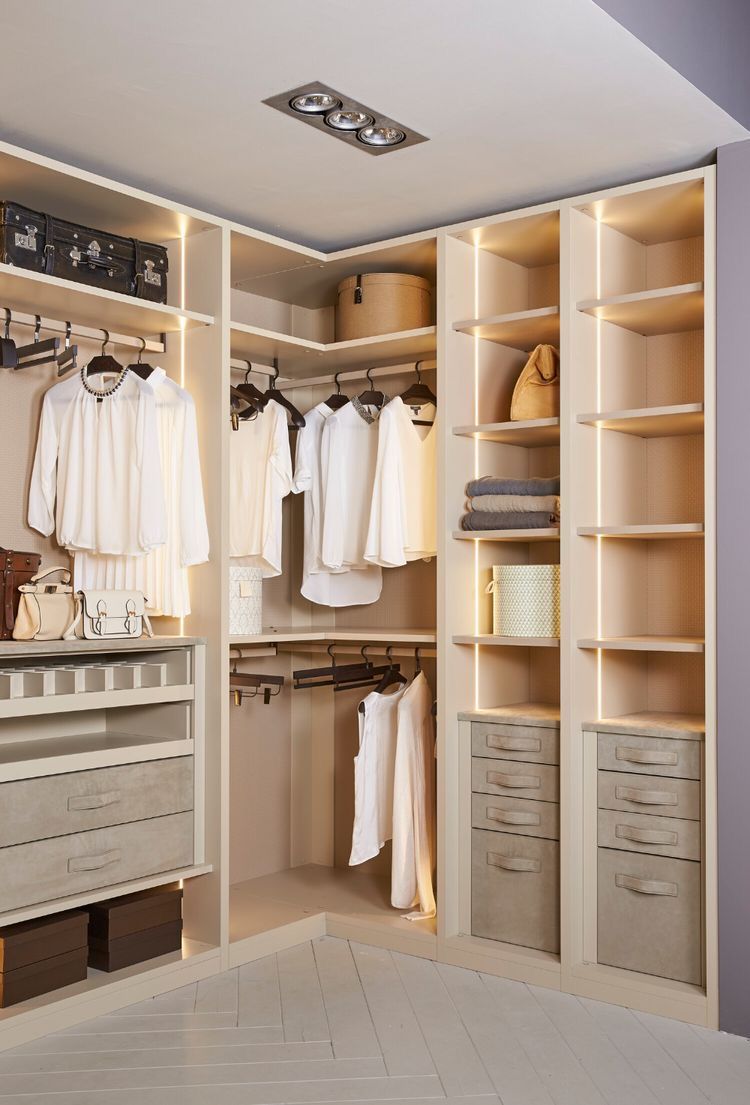 Corner L-Shaped Wardrobe Design with Open Shelves