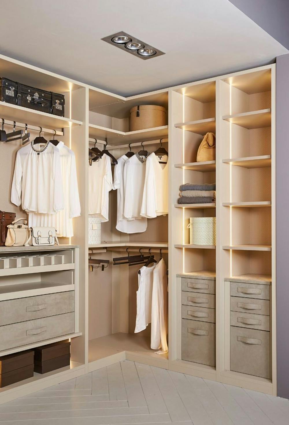 Corner L-Shaped Wardrobe Design with Open Shelves