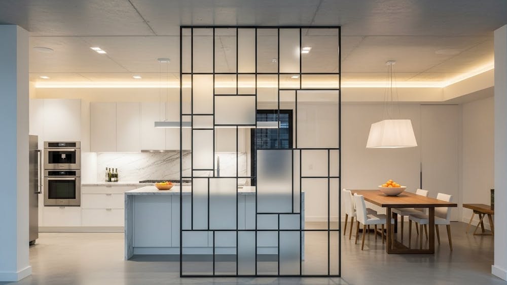 Ceiling-Hung Frame Partition Design for Kitchen and Dining Room