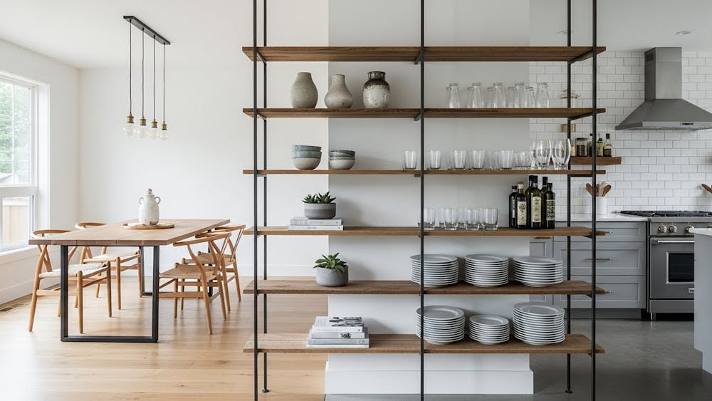 Open Shelving Partition Between Dining Room and Kitchen