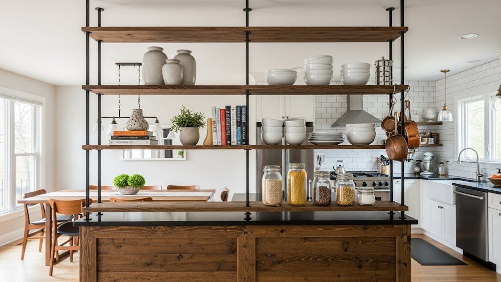 Open Shelving Partition Between Dining Room and Kitchen