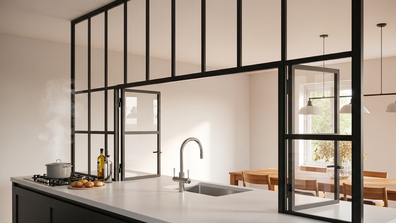 Create a metal frame + glass “window” partition between kitchen and dining: